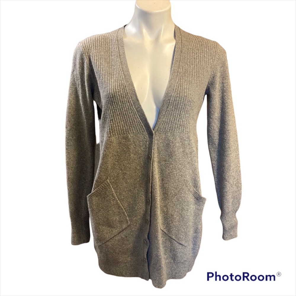 EILEEN FISHER wool/silk Gray button up ribbed cardigan sweater
